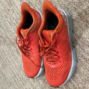 HOKA Women's Clifton 7, size 6.5, Hot Coral and white